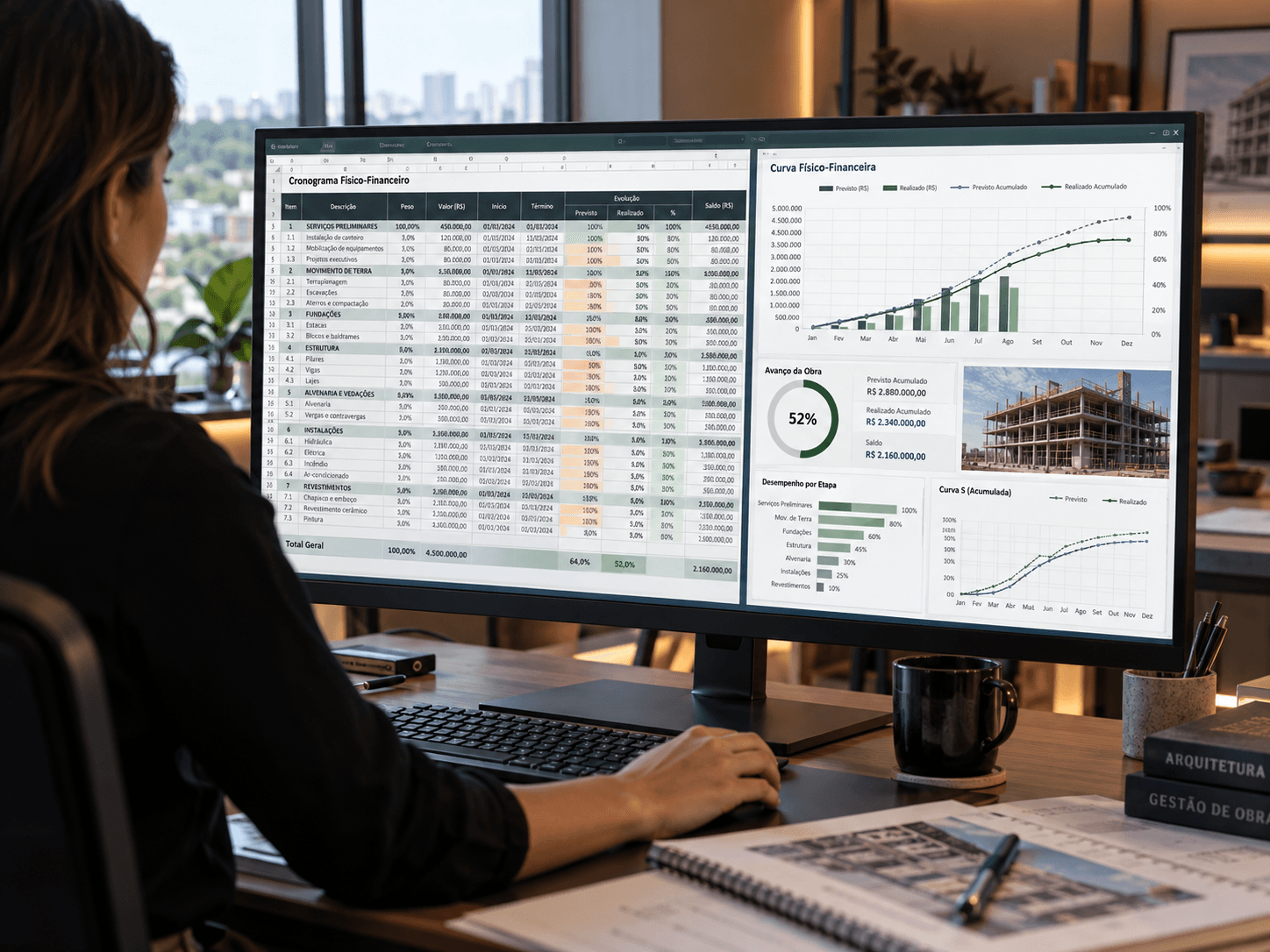 Profissional analisando em um monitor a planilha de cronograma físico-financeiro e os gráficos de previsto x realizado de uma obra