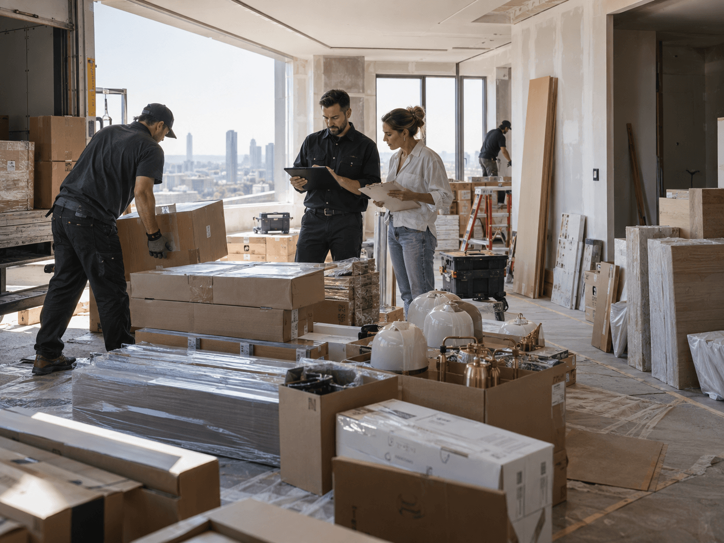 Equipe recebendo e conferindo caixas de materiais em um apartamento em obra