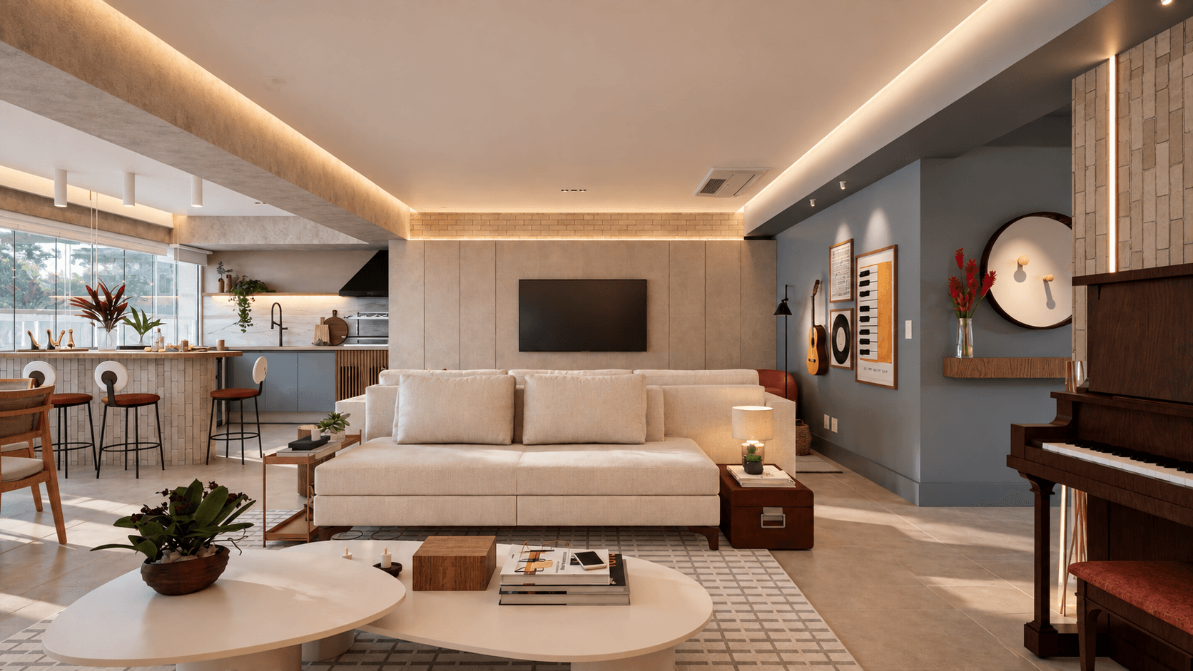 Sala integrada com sofá claro, mesas de centro orgânicas, piano de madeira à direita, parede azul com violão e quadros de música e, ao fundo, cozinha com bancada e banquetas