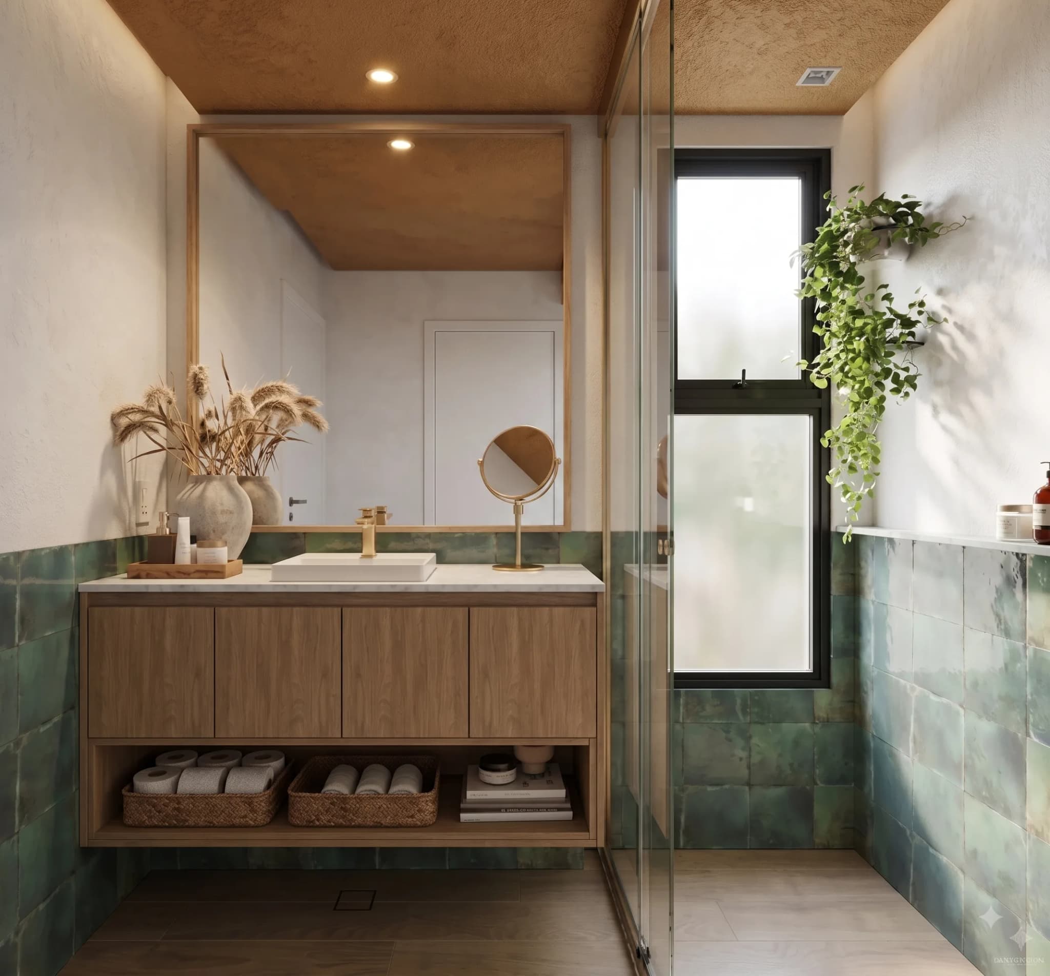 Banheiro com azulejo verde, marcenaria de madeira e janela alta com plantas