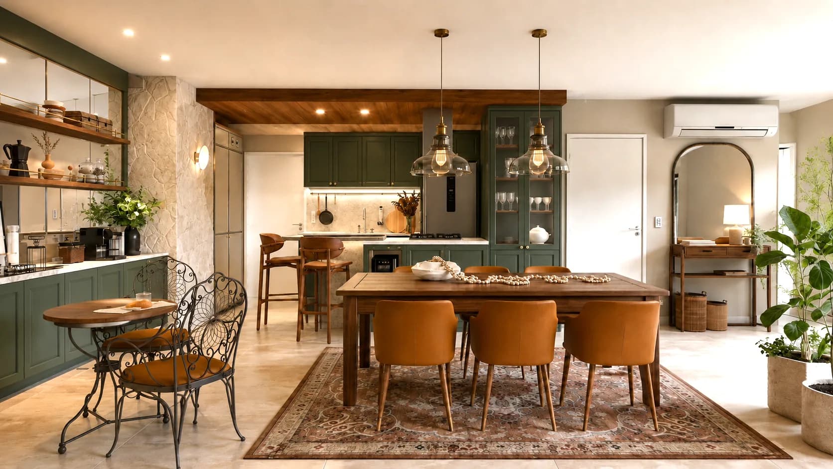 Mesa de jantar de madeira com cadeiras de couro caramelo e tapete persa, com a cozinha verde ao fundo