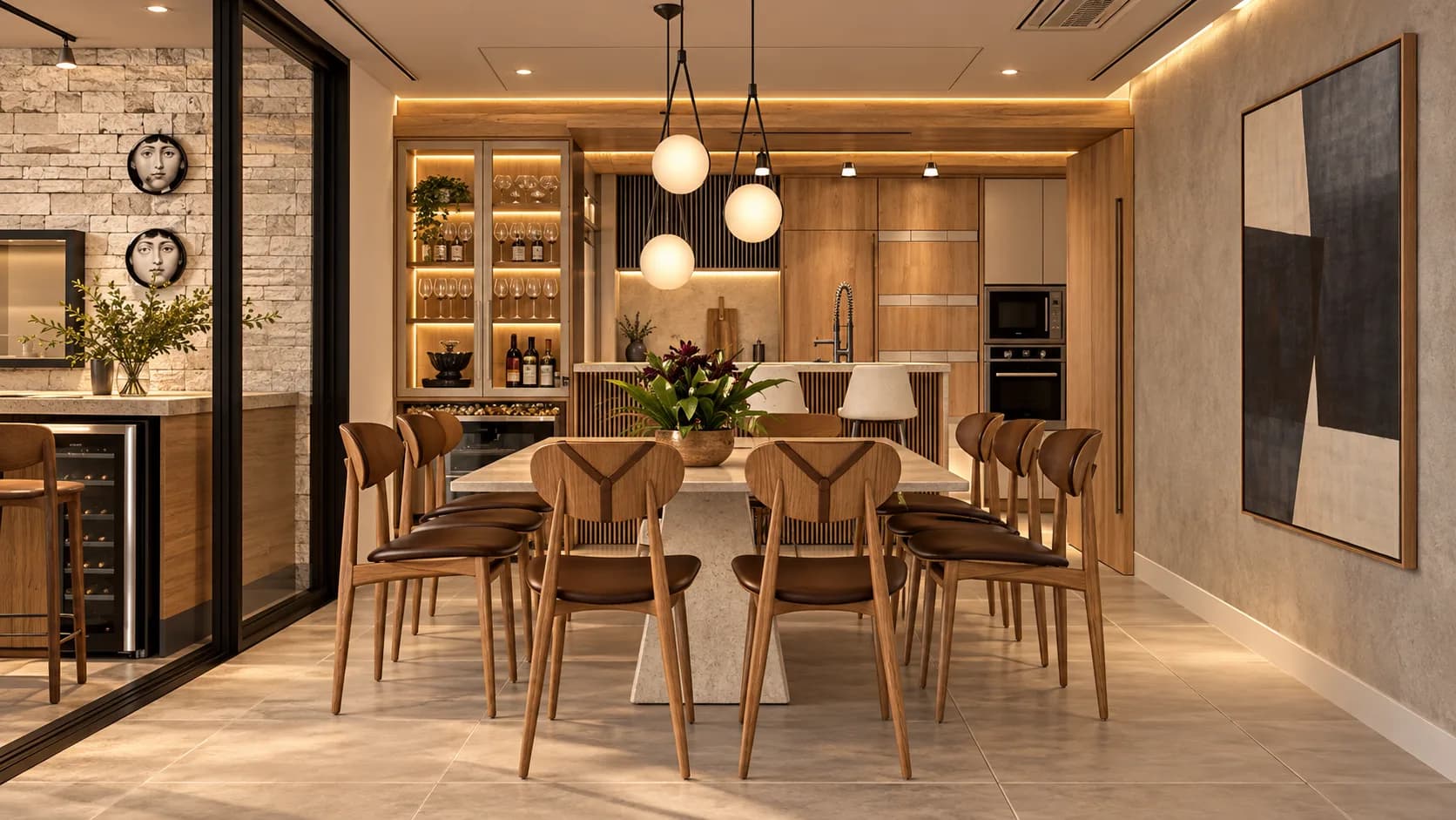 Mesa de jantar longa com cadeiras de couro, adega e cozinha ao fundo