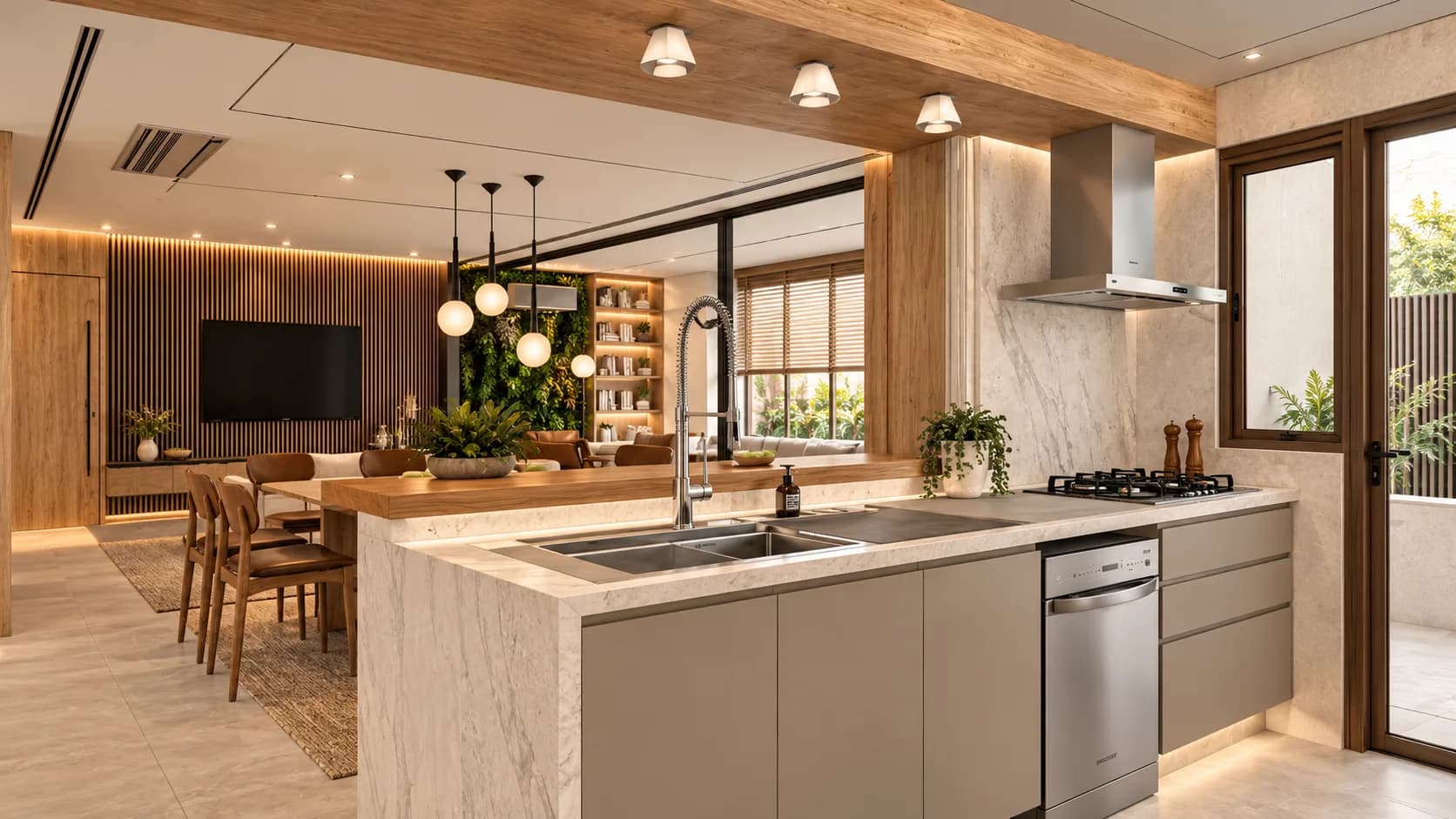 Cozinha com ilha de mármore, coifa e mesa de jantar ao fundo, aberta para a varanda
