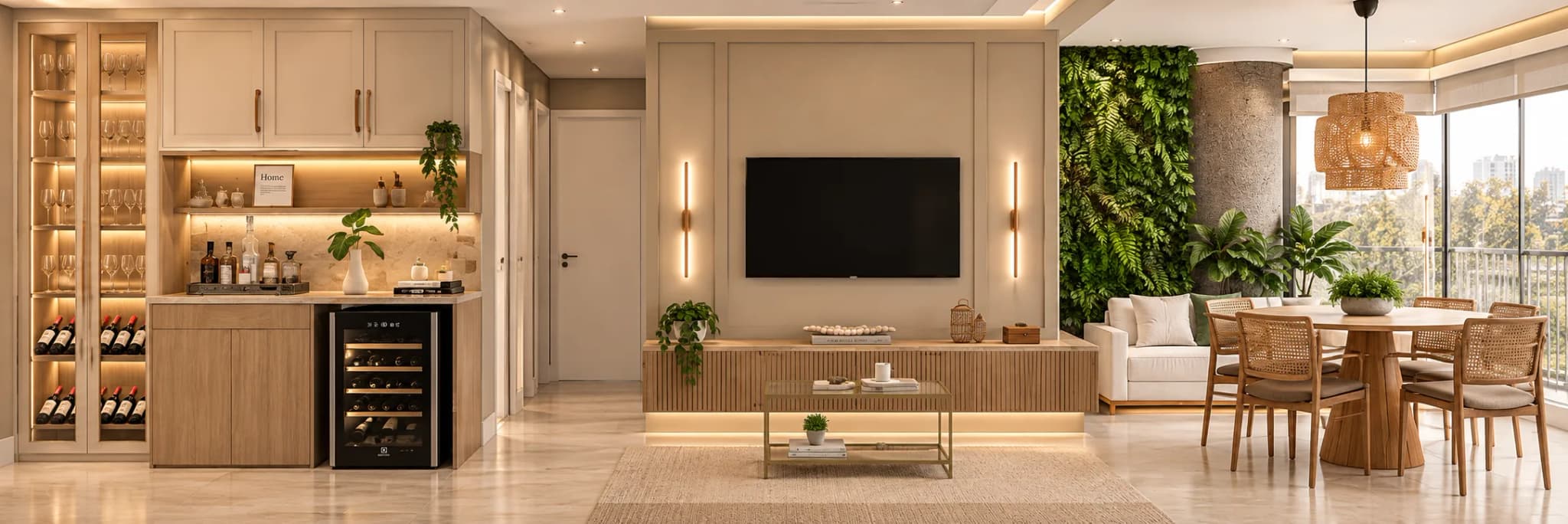 Sala ampla com TV, jardim vertical, mesa de jantar e adega ao fundo