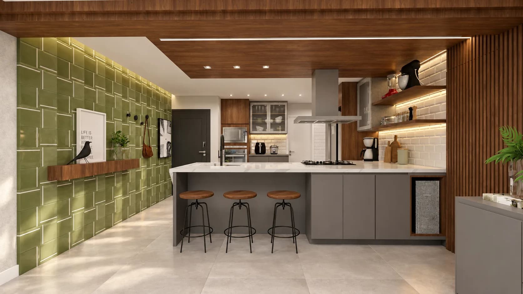 Cozinha integrada com azulejo verde, bancada de madeira e banquetas altas