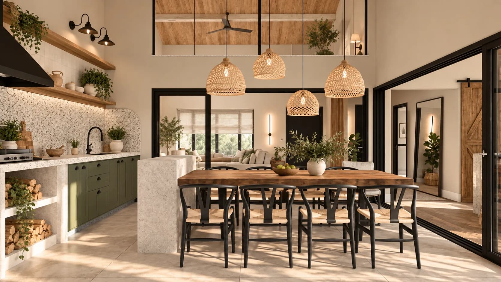 Cozinha integrada à sala de jantar, com pendentes de palha, mesa de madeira e cadeiras pretas