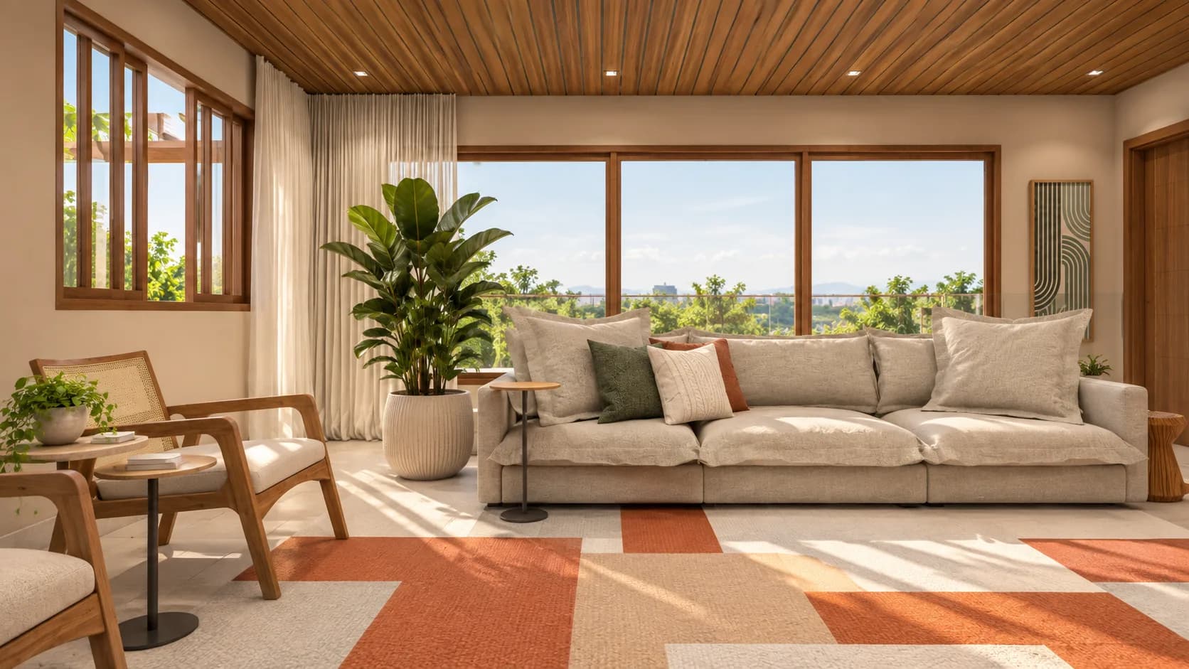 Sala com sofá claro e janela panorâmica de madeira para a vegetação