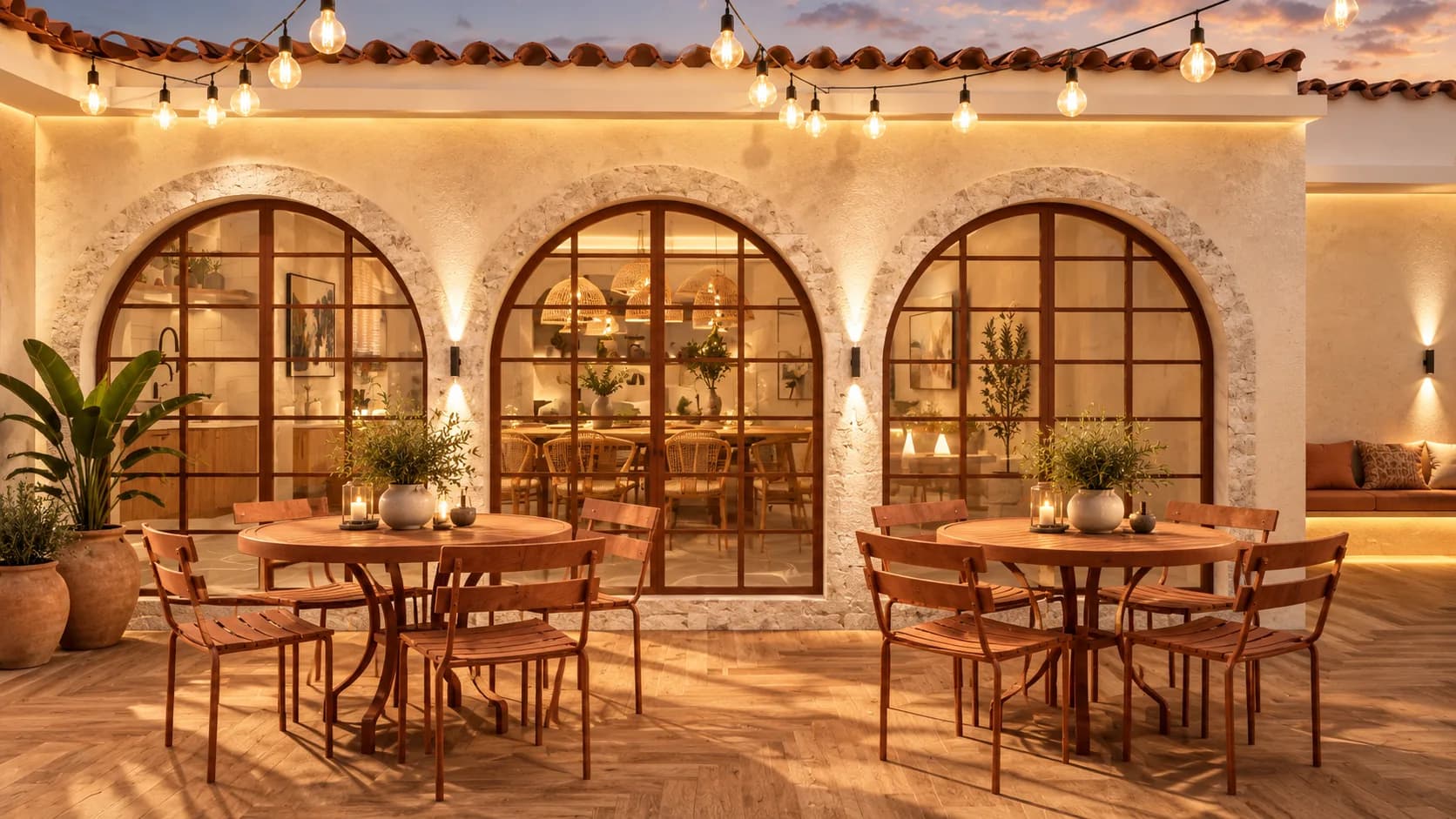 Fachada do terraço com três arcos iluminados, mesas e telhado de telha cerâmica