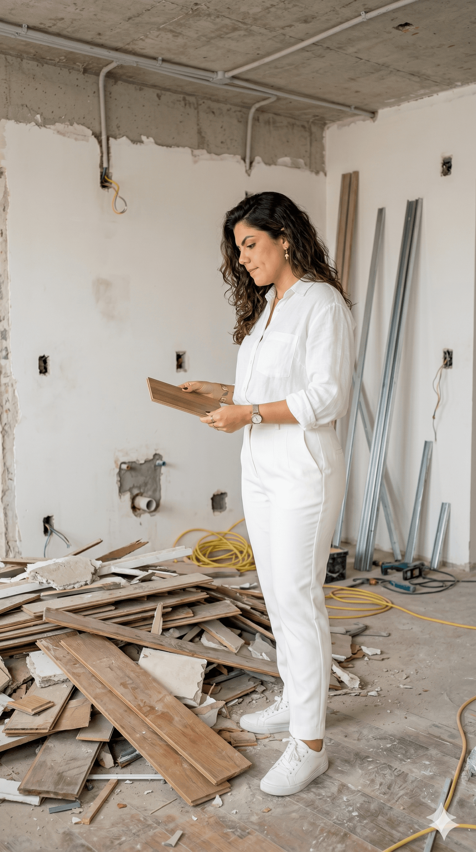 Daniely Périco analisando uma prancha de projeto em um apartamento em demolição