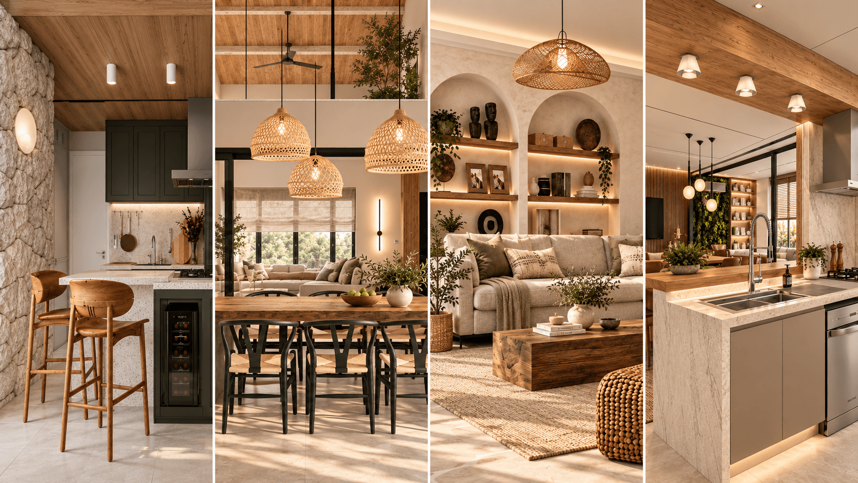 Montagem com quatro ambientes de estilos diferentes: cozinha com parede de pedra e banquetas de madeira, sala de jantar com pendentes de palha, sala de estar com nichos em arco e cozinha com bancada de pedra clara