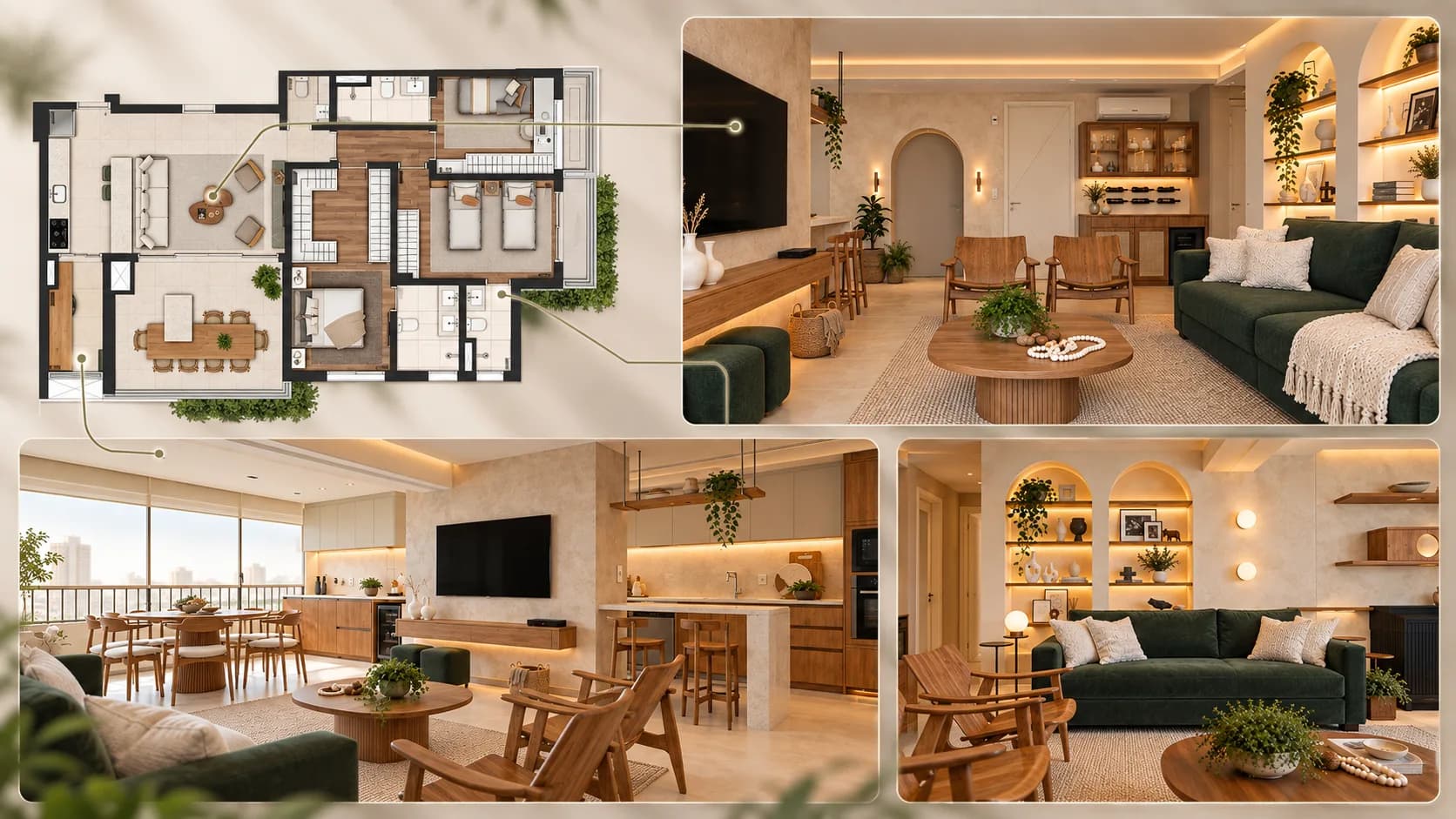 Planta humanizada do apartamento ao lado dos ambientes projetados em 3D