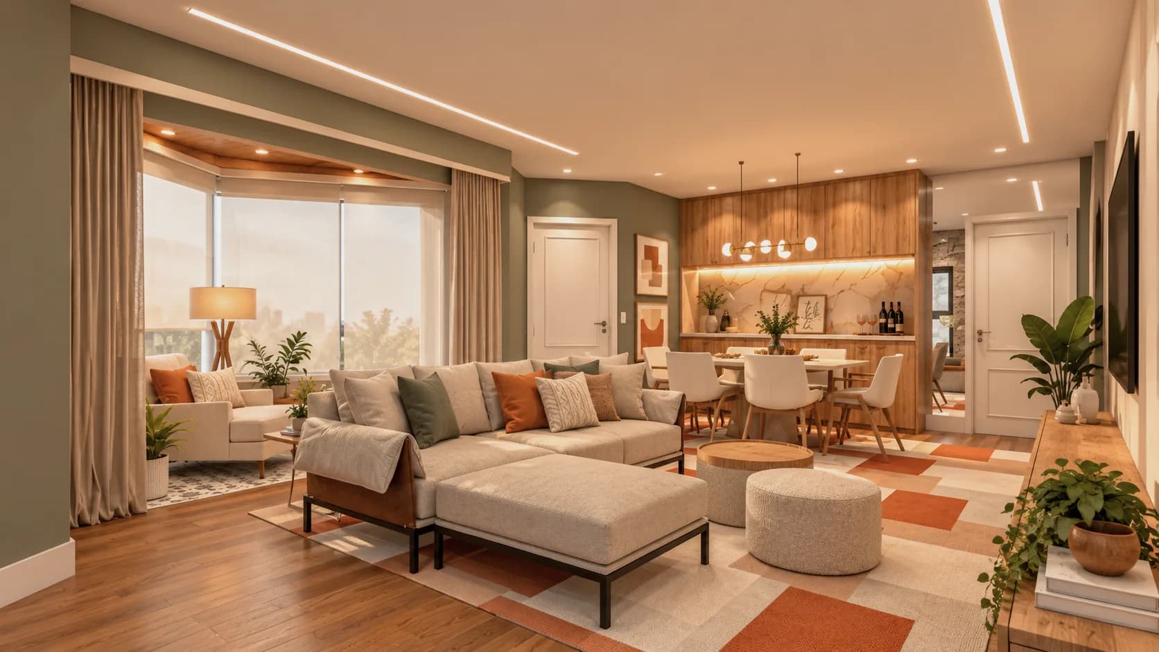 Sala de estar com sofá claro e cortinas abertas para a varanda, com a mesa de jantar ao fundo