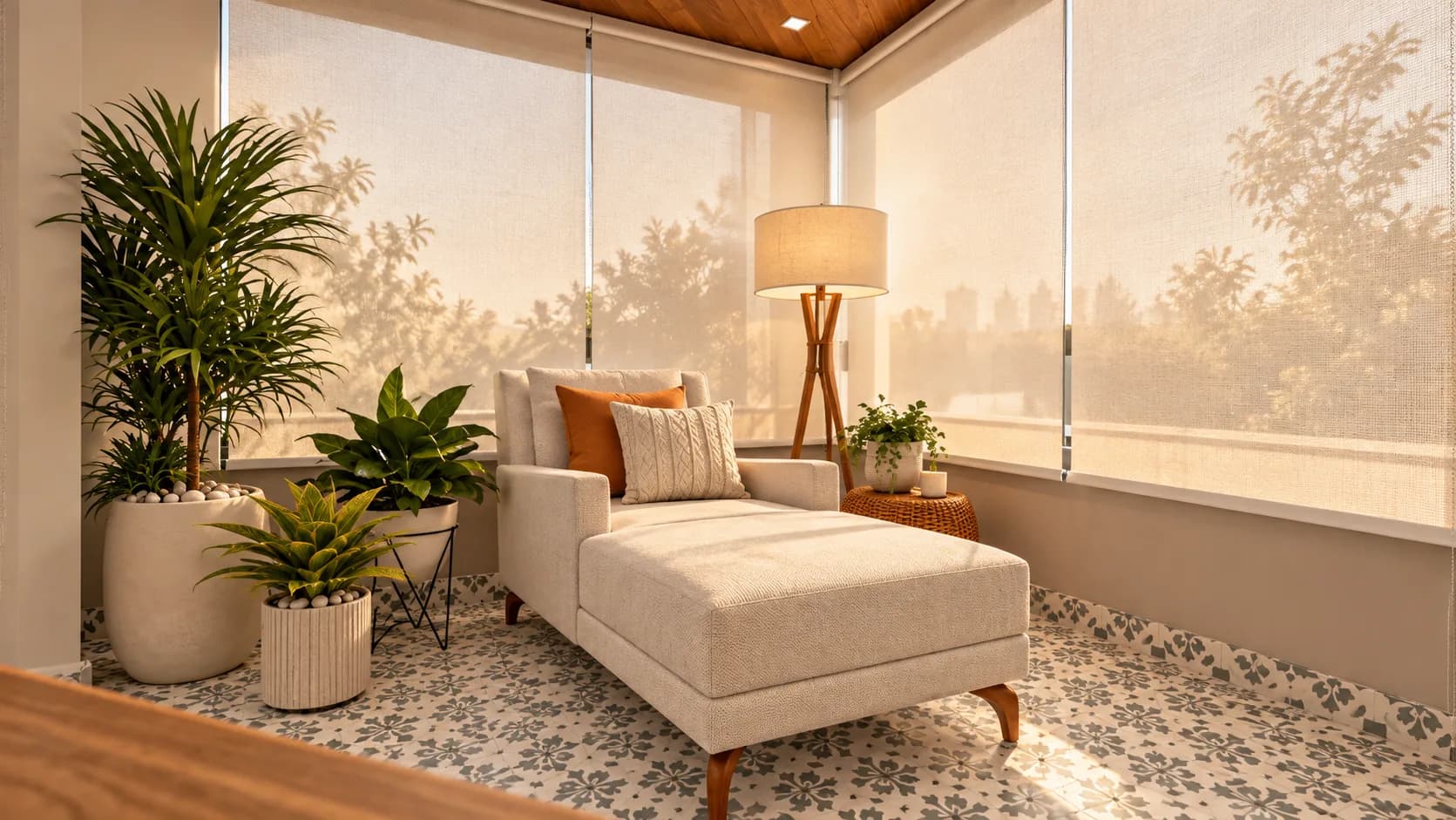 Jardim de inverno com chaise clara, vasos de plantas e persianas de palha filtrando a luz