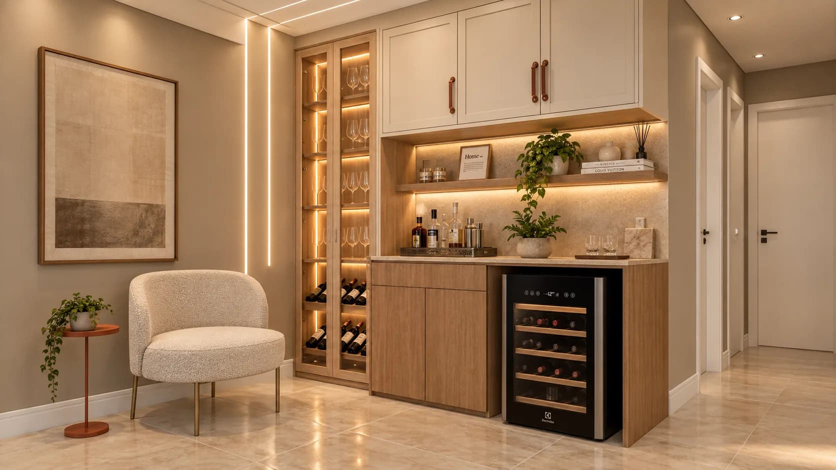 Bar com adega climatizada, marcenaria de madeira e poltrona clara