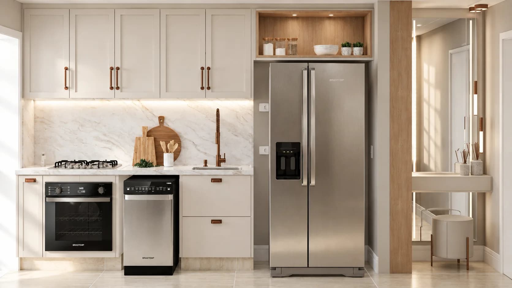 Cozinha branca com marcenaria planejada e geladeira inox de duas portas
