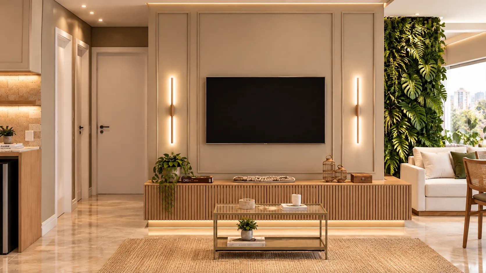 Sala de estar com painel ripado de TV, luminárias lineares e jardim vertical