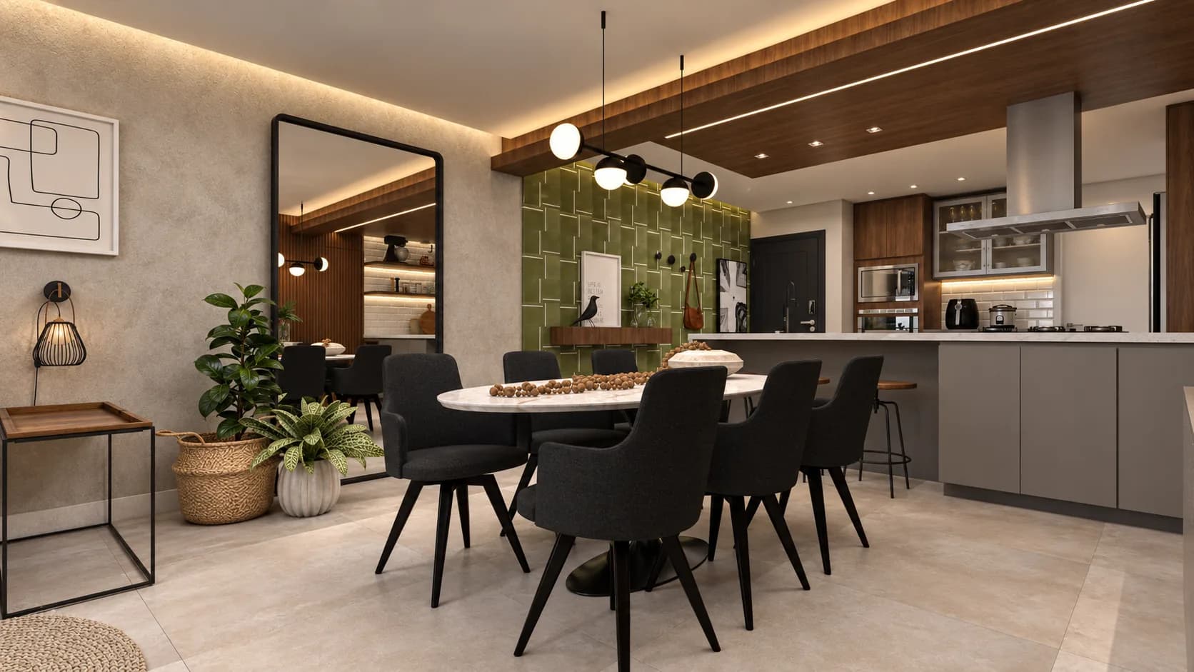 Jantar com azulejo verde e pendentes, aberto para a cozinha