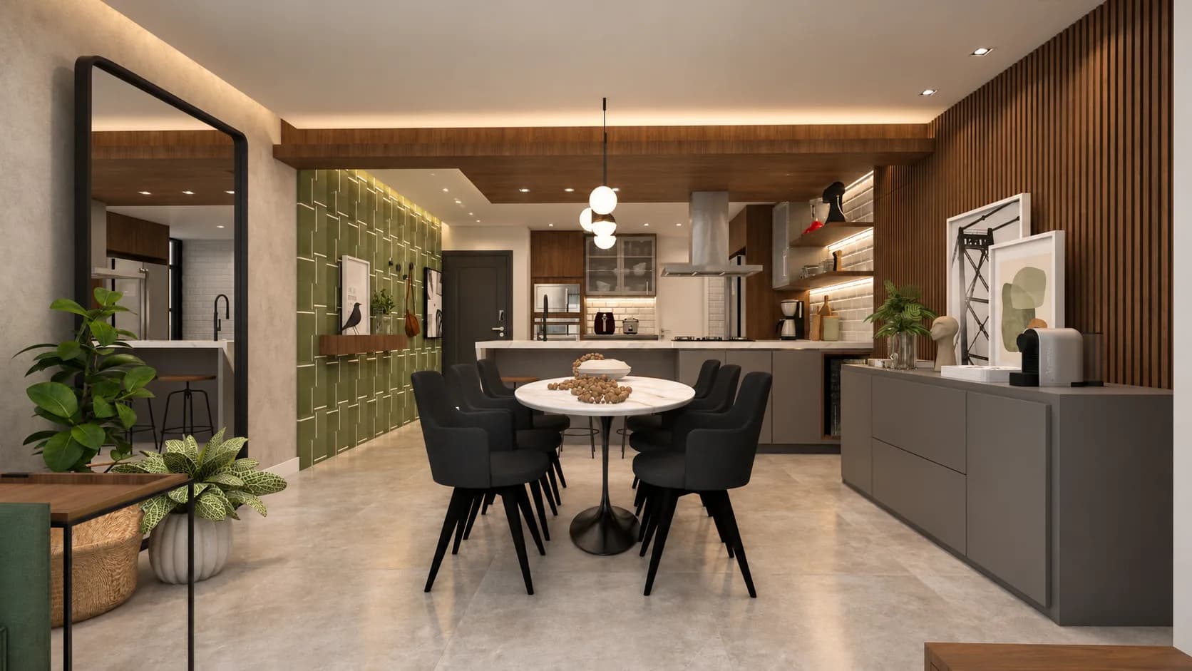 Mesa de jantar redonda com cadeiras pretas diante da parede de azulejo verde, com a cozinha ao fundo