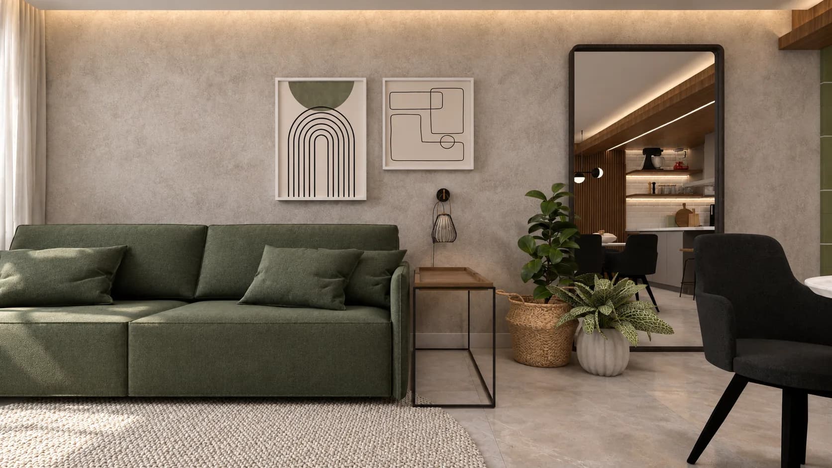 Sala de estar com sofá verde, quadros emoldurados e espelho de moldura preta