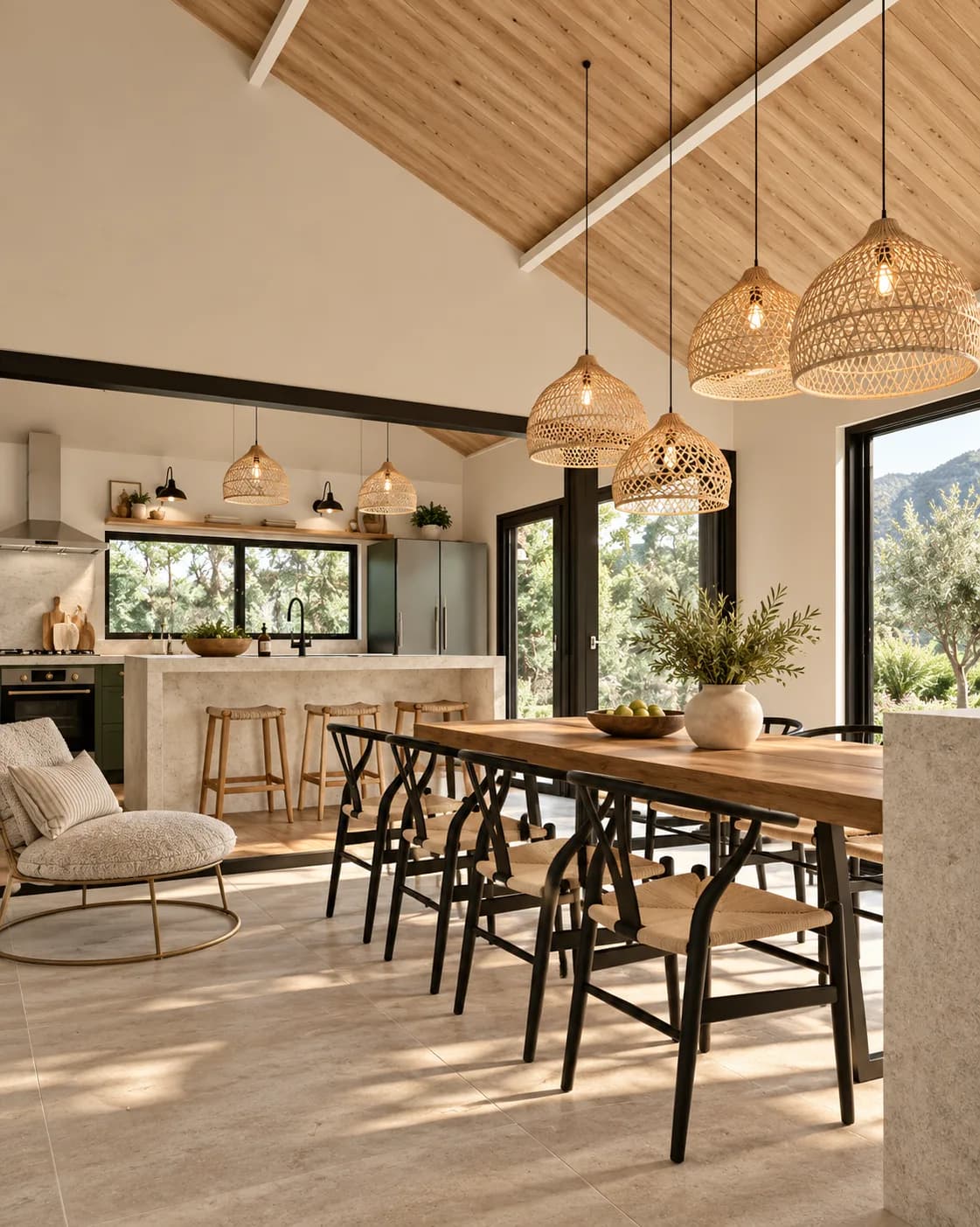 Sala de jantar com pé-direito alto em madeira, pendentes de palha e cozinha integrada ao fundo