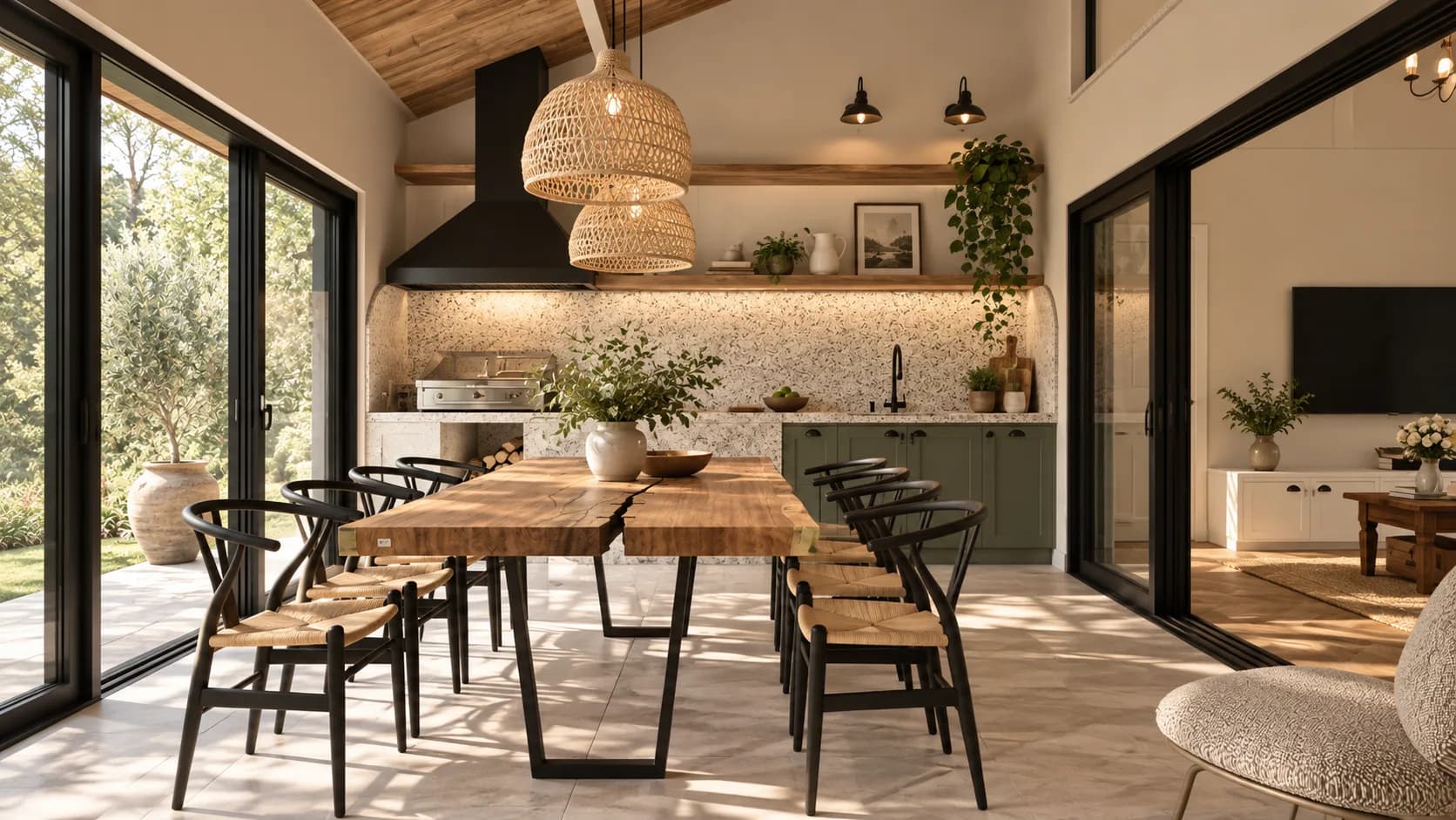 Mesa de jantar de madeira maciça com cadeiras pretas, cozinha verde ao fundo e portas de vidro para o jardim