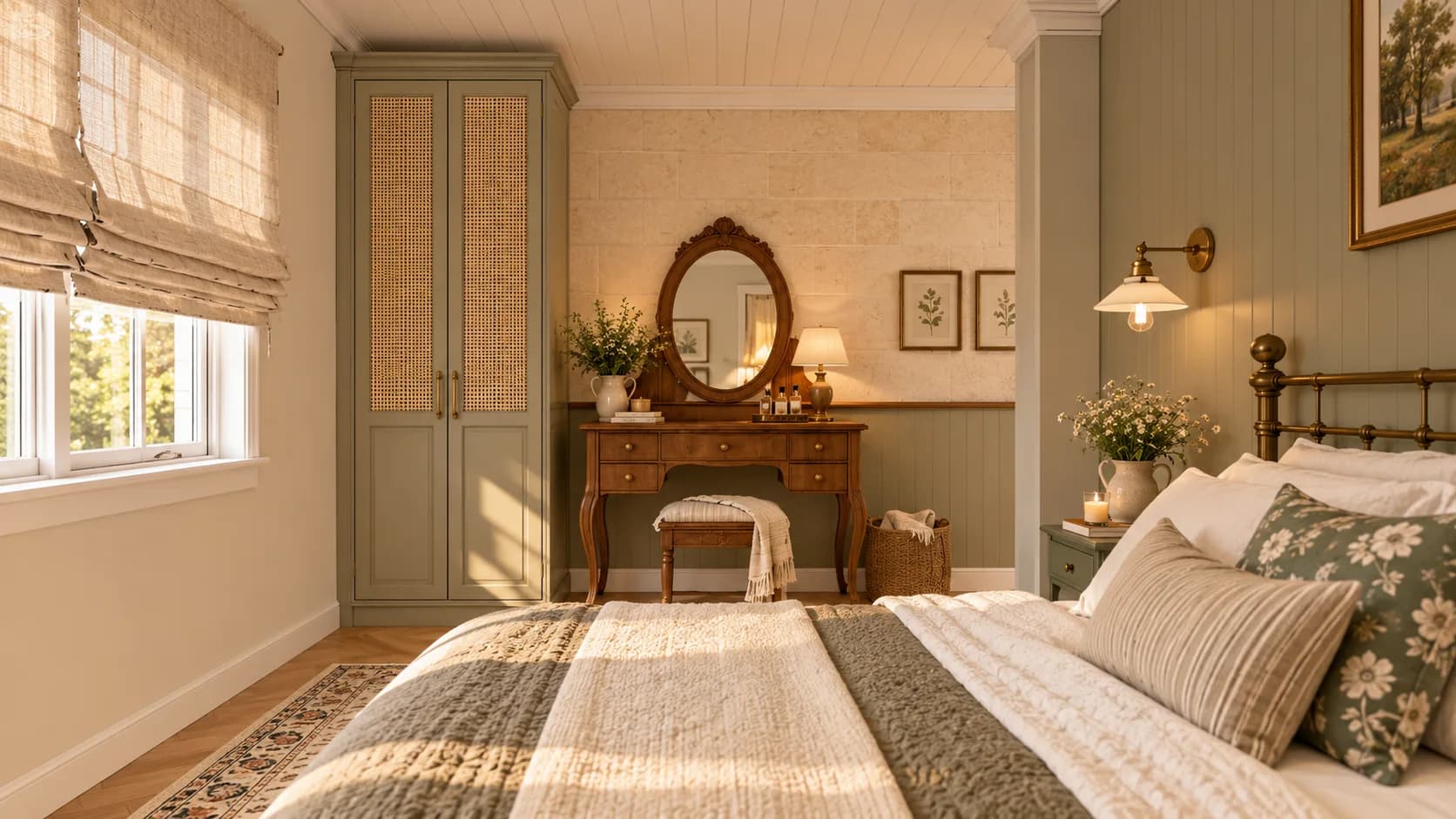 Quarto com penteadeira de madeira, armário verde e roupa de cama florida