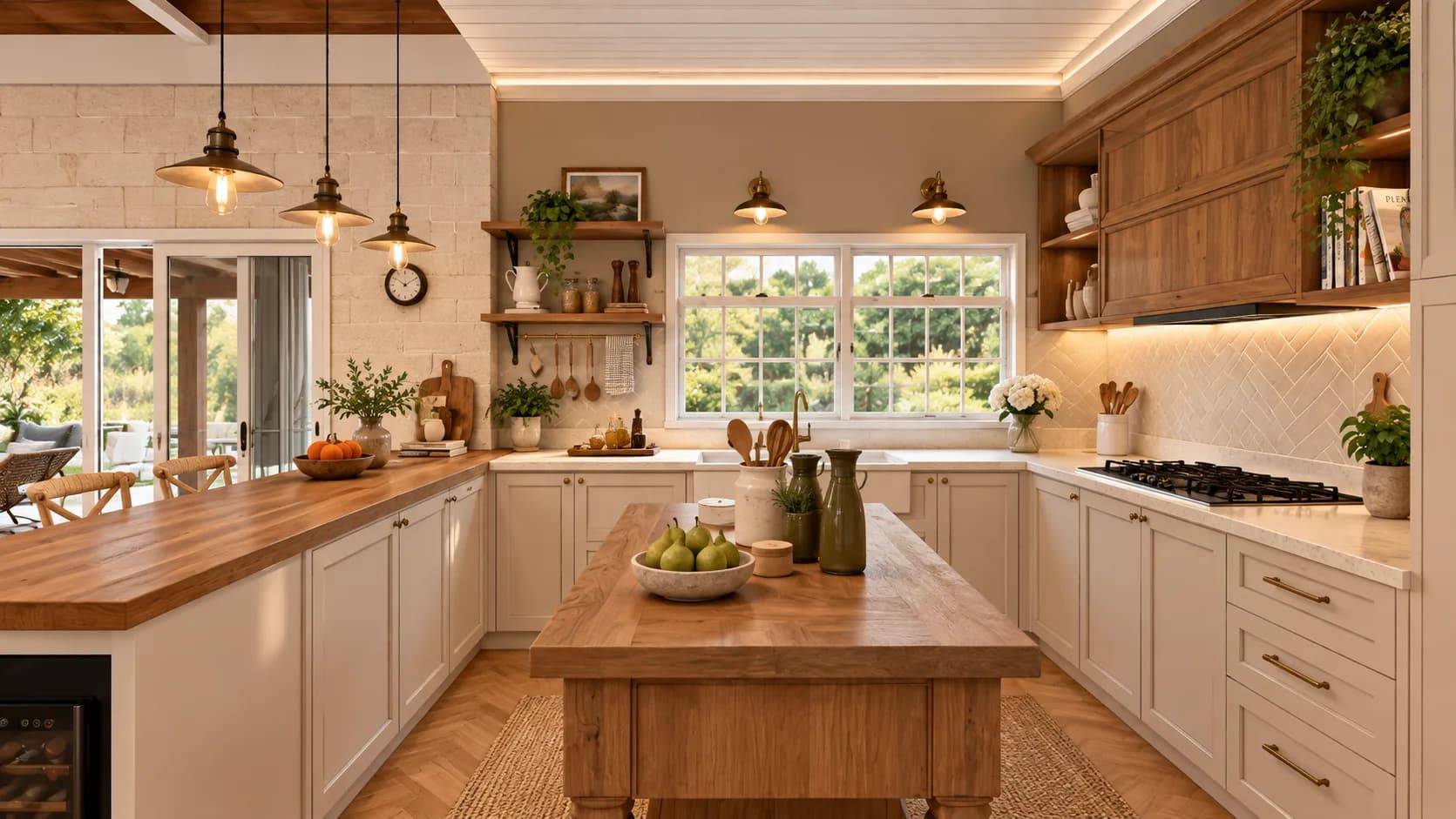 Cozinha em U com bancada de madeira, cooktop e janela para o jardim