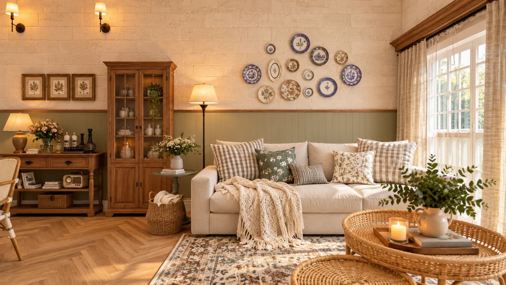 Sala de estar com sofá claro, parede de pratos decorativos e piso de madeira em espinha
