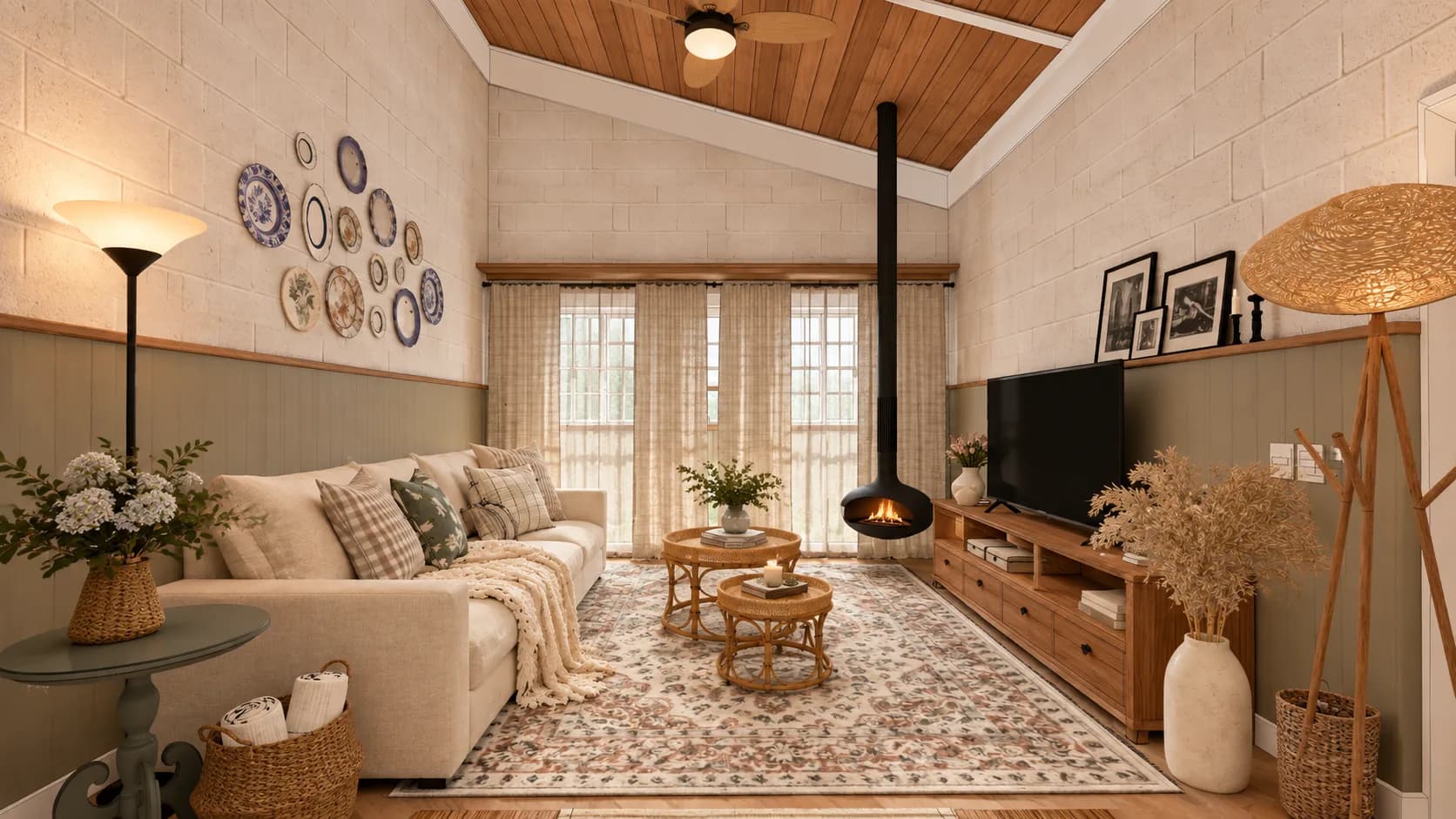 Estar com pé-direito alto, lareira, TV e parede de pratos decorativos