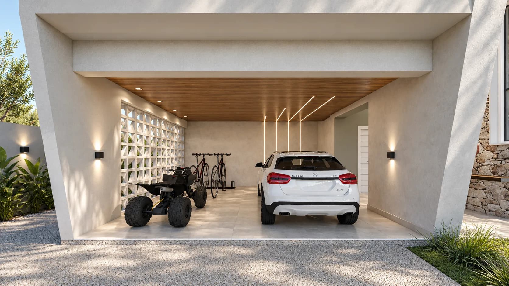 Garagem coberta com parede de cobogó, iluminação linear no teto de madeira e carro branco