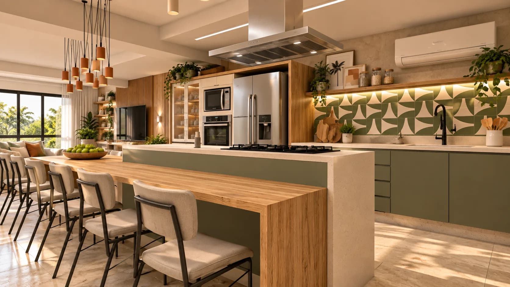 Cozinha integrada com ilha de madeira, banquetas e marcenaria verde