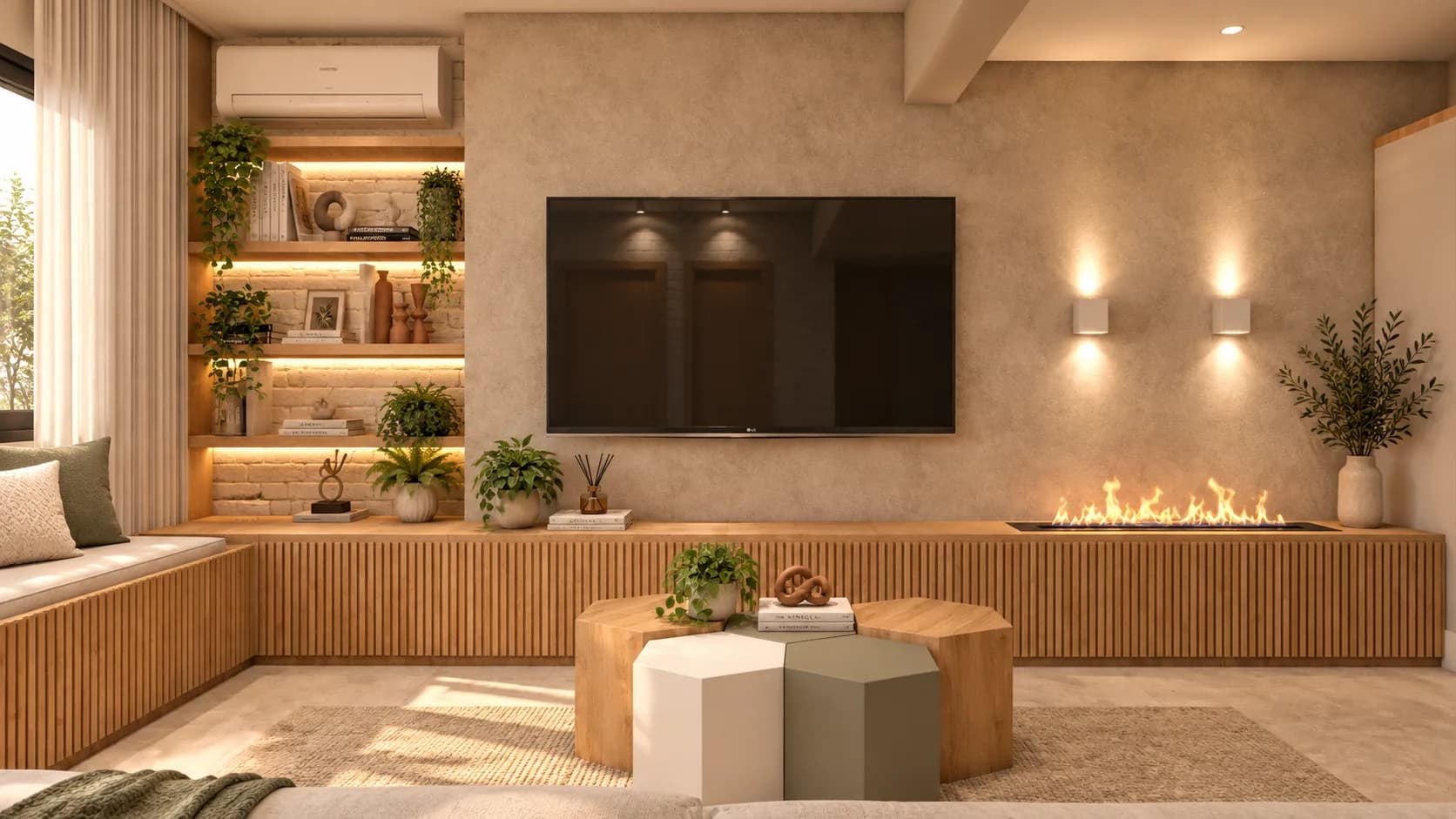 Sala de estar com TV, lareira linear e marcenaria ripada de madeira