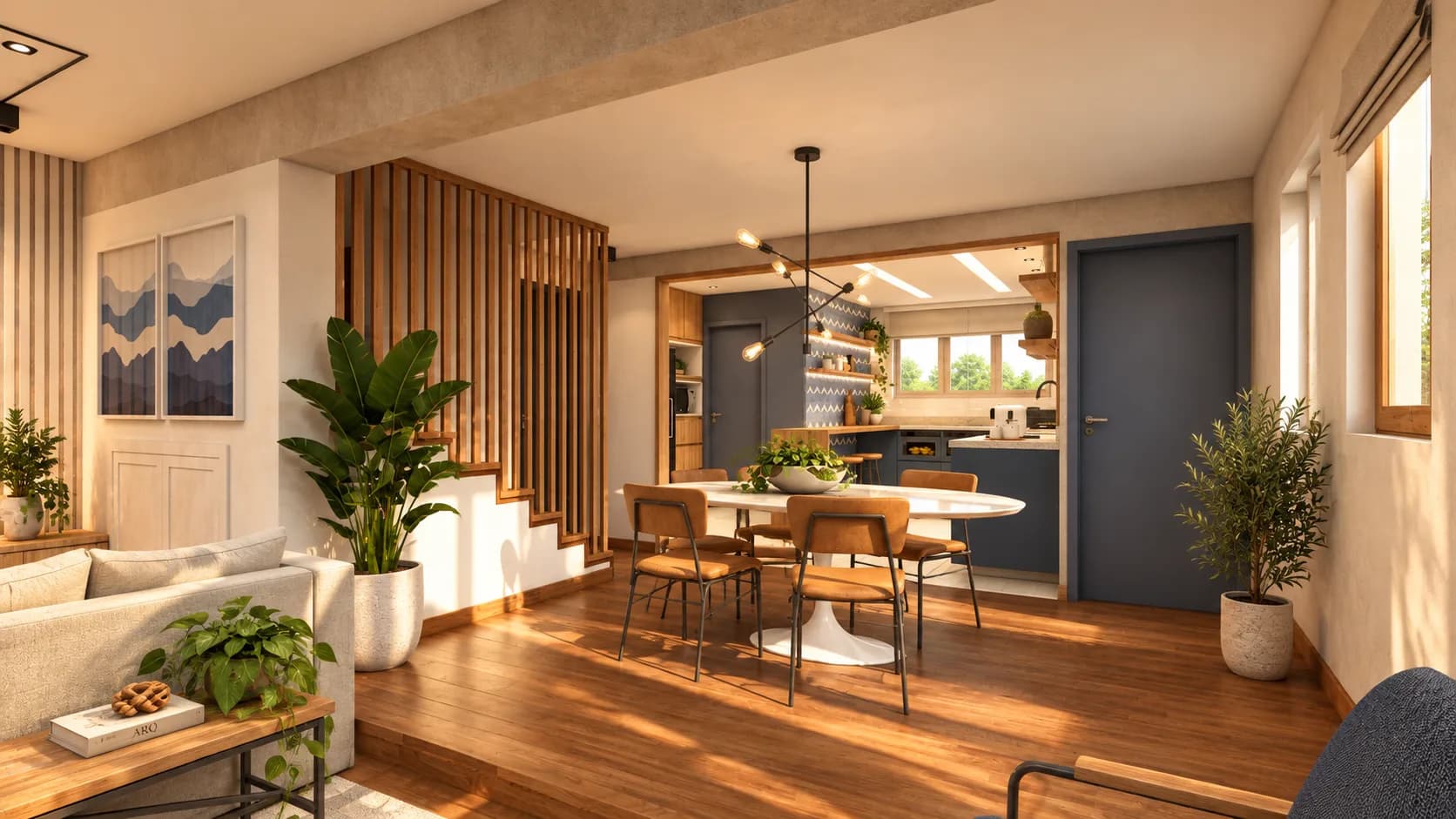 Estar e jantar integrados, com porta azul e marcenaria ripada