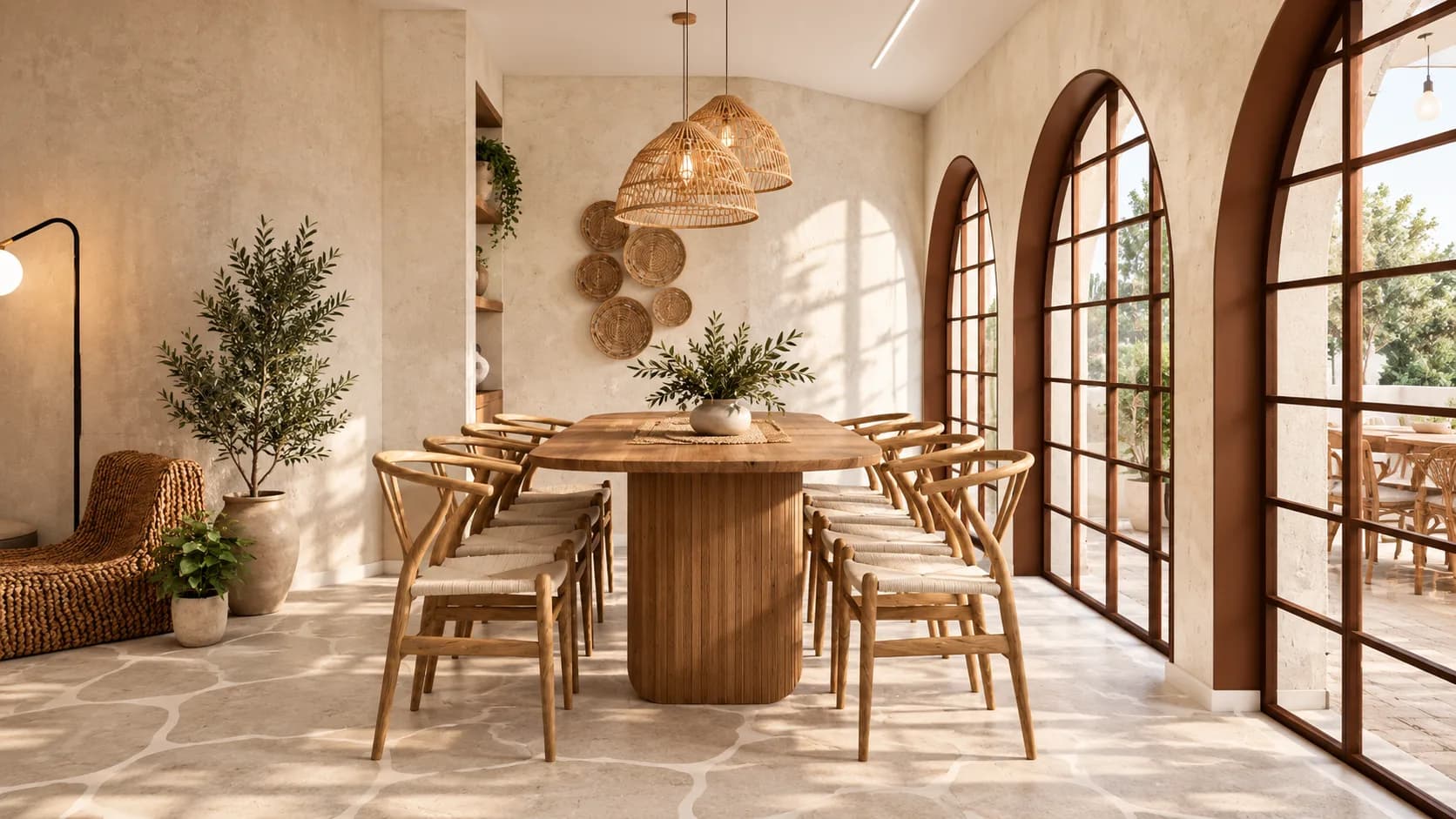 Mesa de jantar oval de madeira diante das portas em arco que abrem para o terraço