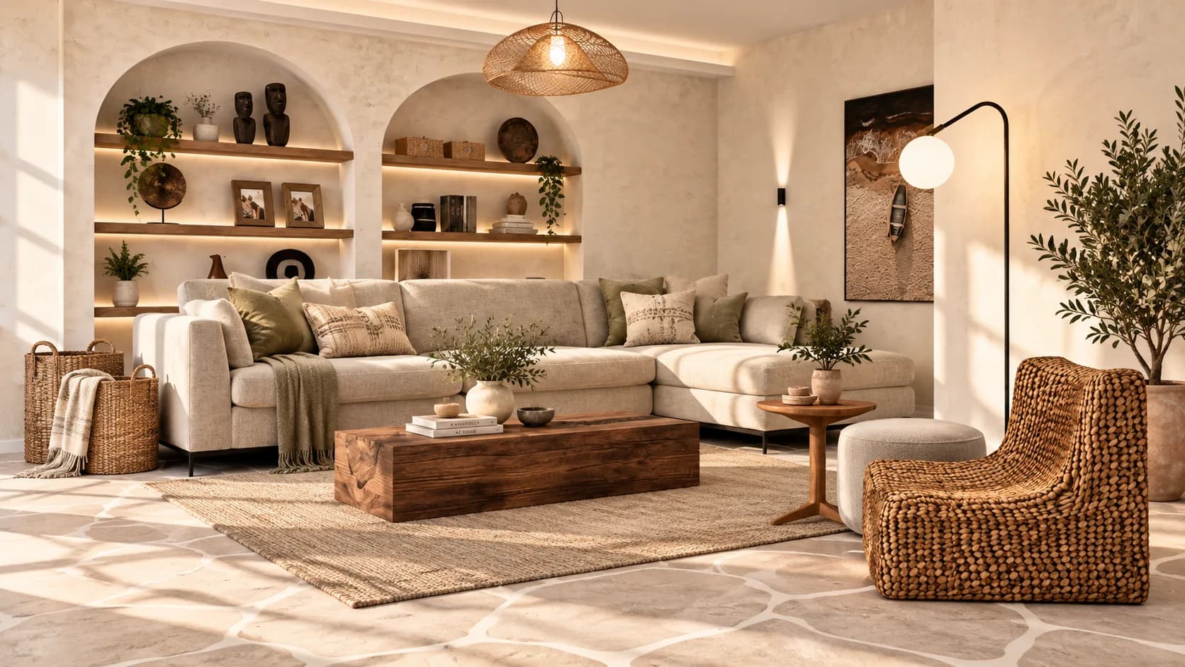 Sala de estar com sofá em L, nichos em arco e poltrona de fibra natural