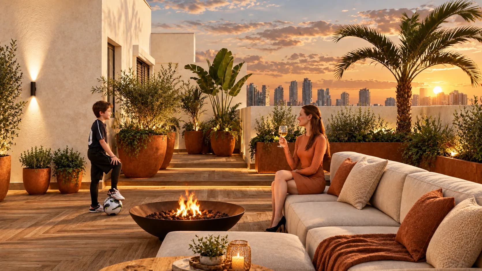 Terraço ao pôr do sol com lareira, palmeira, sofá de estofado claro e vista para a cidade